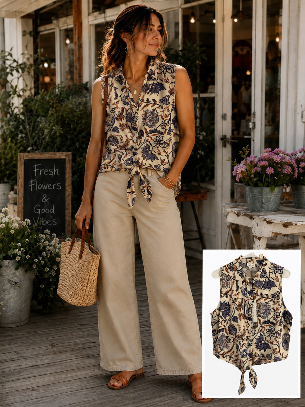 Nicole Miller Blouse Linen Blend NWT Tie Front Sleeveless Size XL